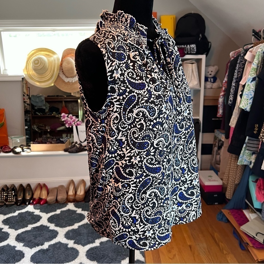 LOFT Paisley Smocked Tie Neck Mixed Media Shell - Picture 9 of 12